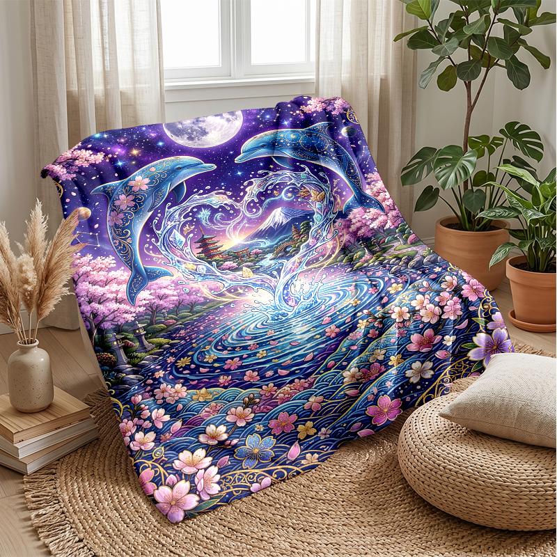 Dolphins in Heartful Ocean Theme blanket Lightweight Warm Flannel Blanket Decorative Throw Blanket for Home Decoration