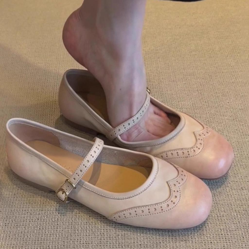 Cowhide~ Genuine Leather French Single Shoes Women's Flat 2025 New Models with Skirts, Ballet Shoes, Retro Engraved Mary Jane Shoes