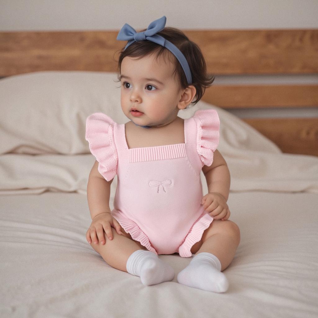 Baby Girls Ruffle Knit Romper Fashionable Bow Embroidery Flying Sleeve Jumpsuits