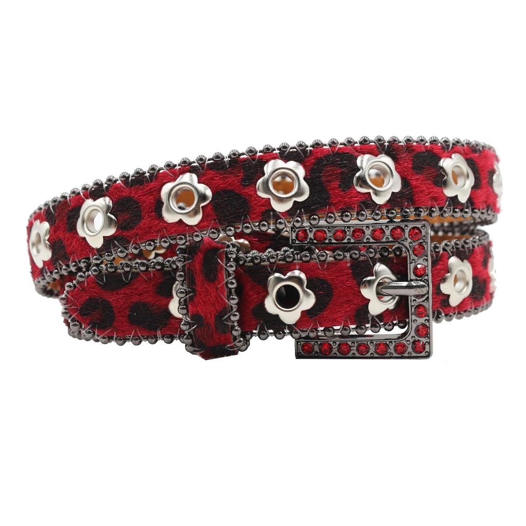 Luxury 2.3cm Leopard Print Leather Belt with Floral Eyelets & Rhinestones, No Punching Needed, Pin Buckle, Fully Diamond-Encrusted.