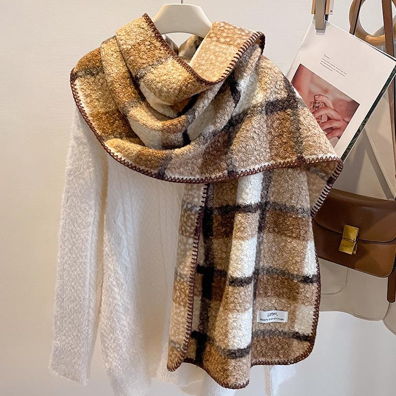 Retro black and white plaid imitation lamb wool scarf women's winter thickened warm plaid scarf fashion shawl dual-purpose