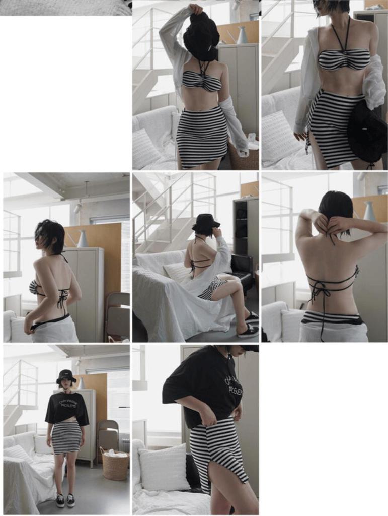 Korean Striped Three-Piece Bikini Set - Sexy Bandeau with Chest Pads and Halter Neck, Perfect for Hot Springs & High-End Resorts