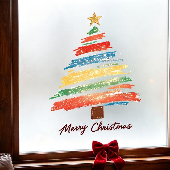 Christmas Tree Wall Stickers Hand-painted Colorful Static Glass Sticker, Removable PVC Window Cling, Holiday Reusable Decals for Home And