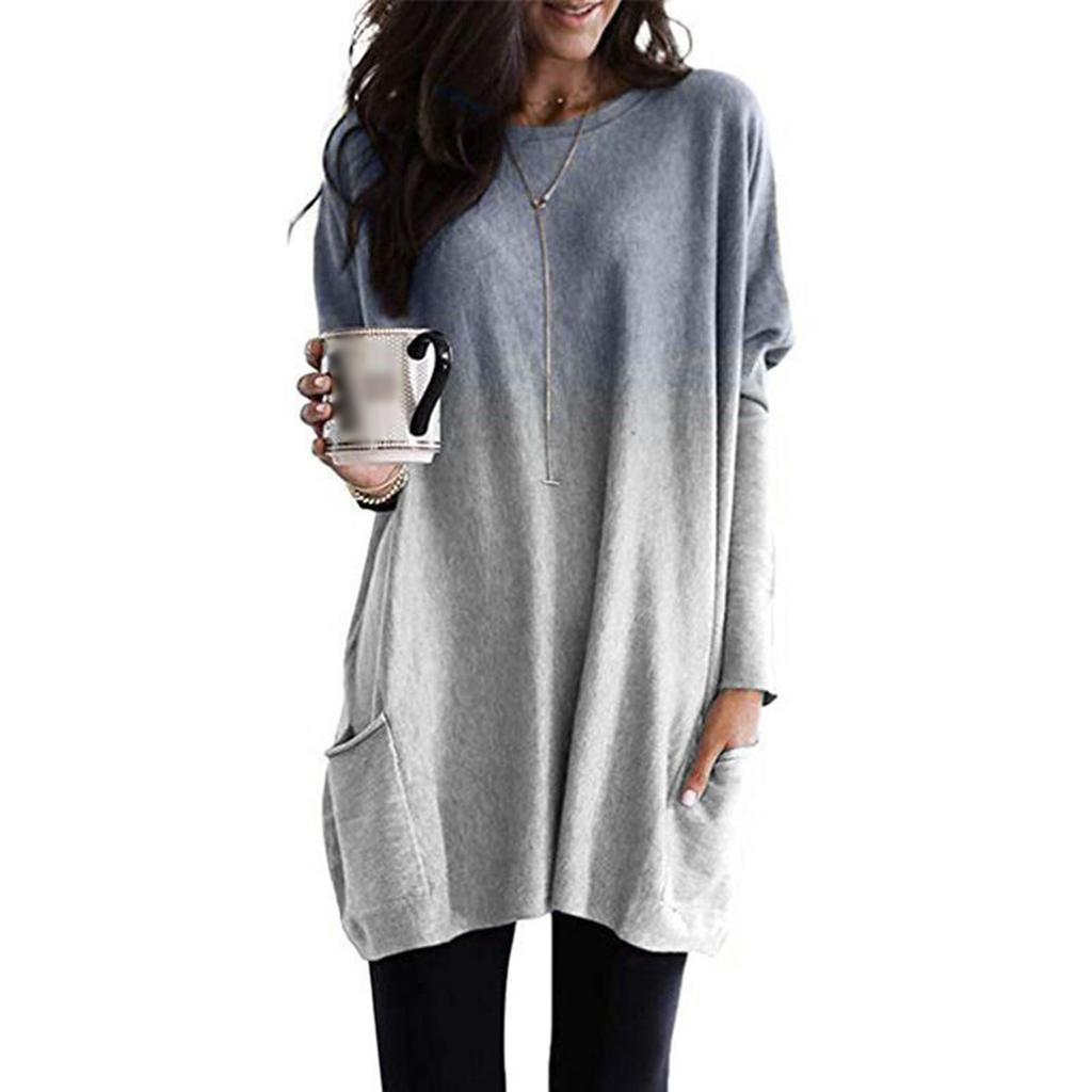 Long Tunic Pullover Sweatshirt Blouse Tops For Women Long Sleeve Casual Baggy Pullover Jumper Pocket Tunic Gradient Wear T-Shirt Tops
