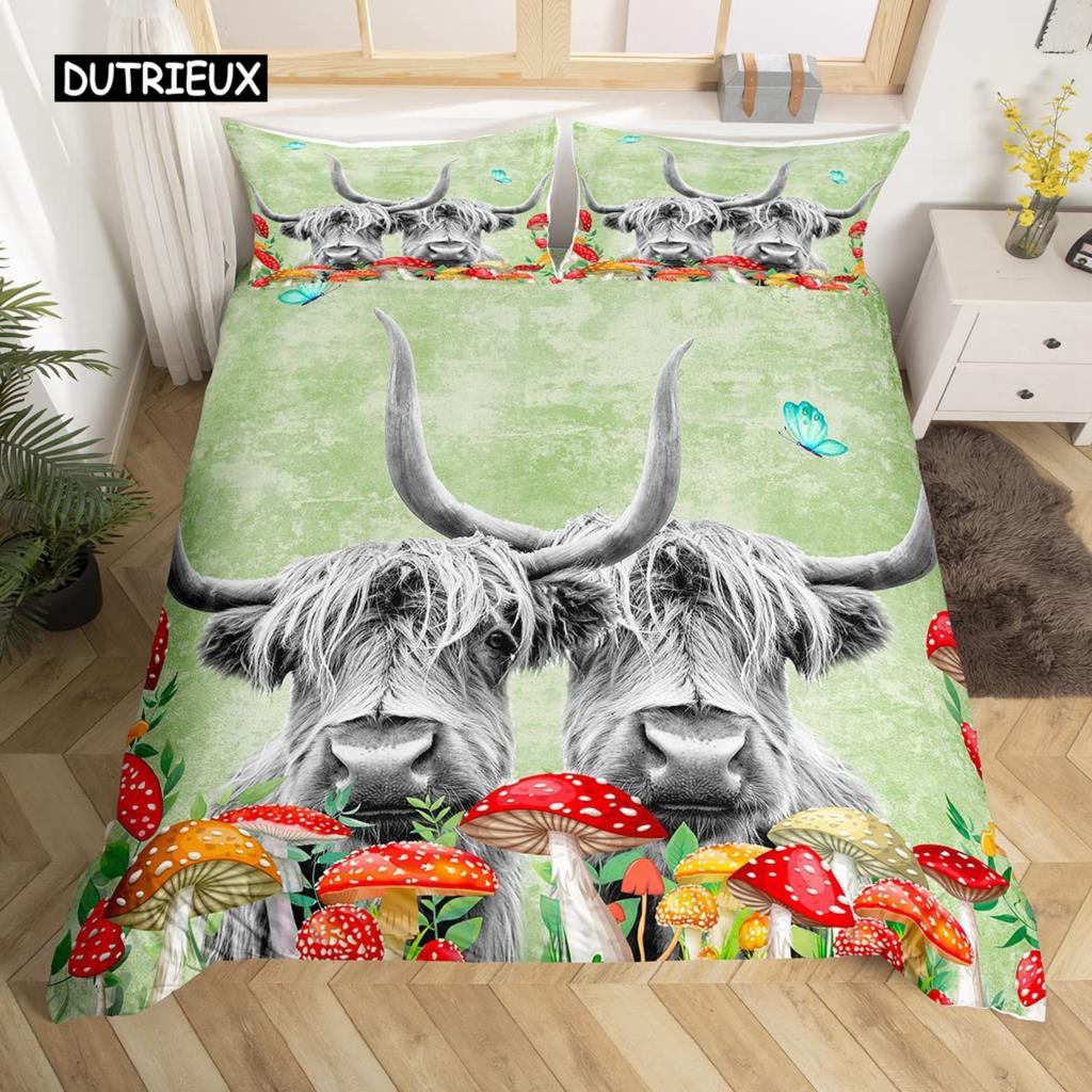 Kuh Bettbezug Set Twin King Size Bauernhoftier Bettwäsche Set Grüner Rankenblätter Druck Bettdeckenbezug Rustikale Holzbrett Steppdecke
