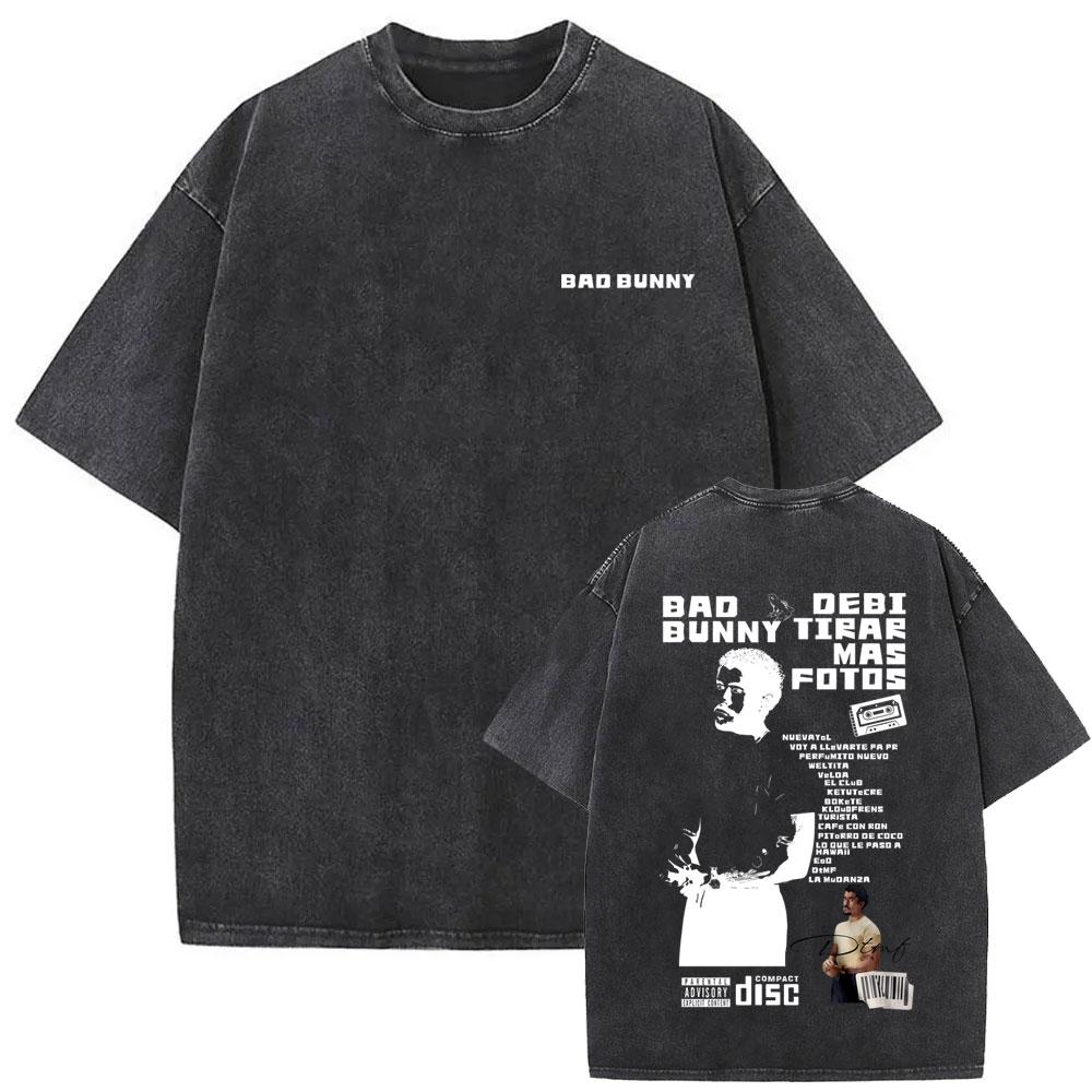 Camiseta Gráfica de Rapper Vintage Lavada Cara de Bad Bunny DeBi TiRAR MaS FOToS Impresión DTMF Camisetas Hombre Hip Hop Retro Camiseta Oversize