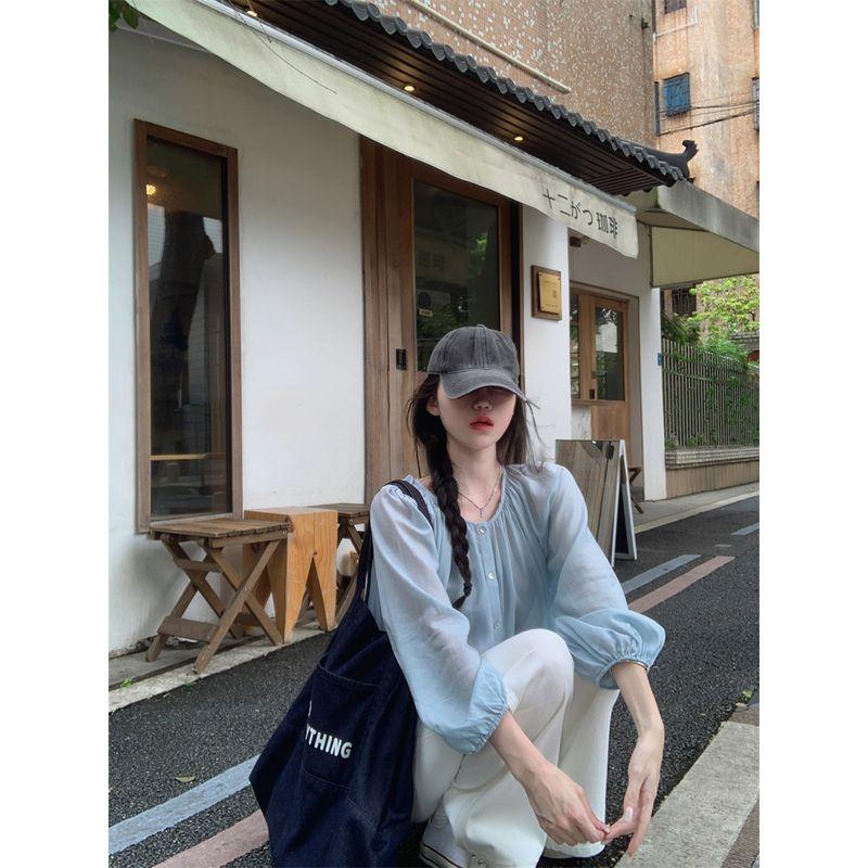 Kumikumi French style Elegant Lace-up Thin Long sleeve Shirts Women clothes Early Autumn Niche Age-Reducing Loose Slimming Top