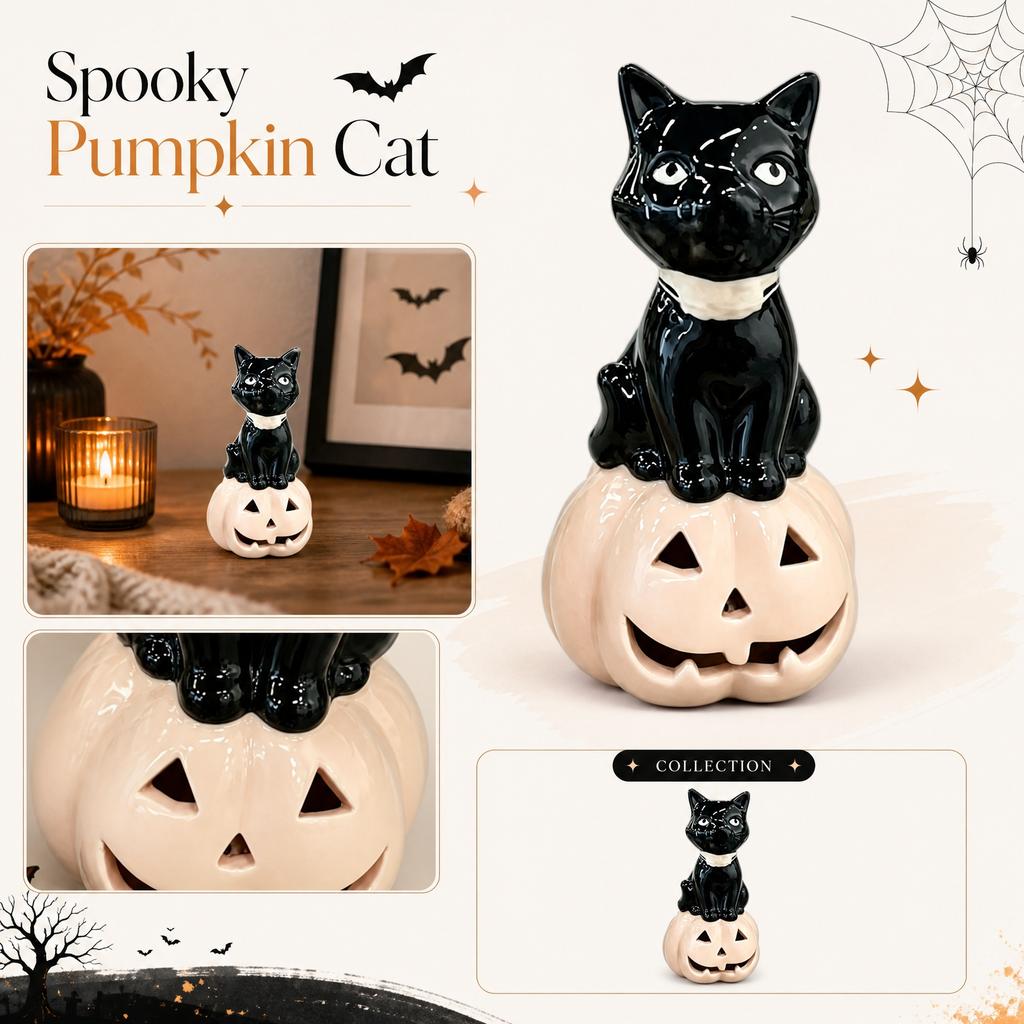 Ceramic Cat Pumpkin Figurine Halloween Tabletop Ornament Decorative Sculpture for Holiday Indoor Home Display