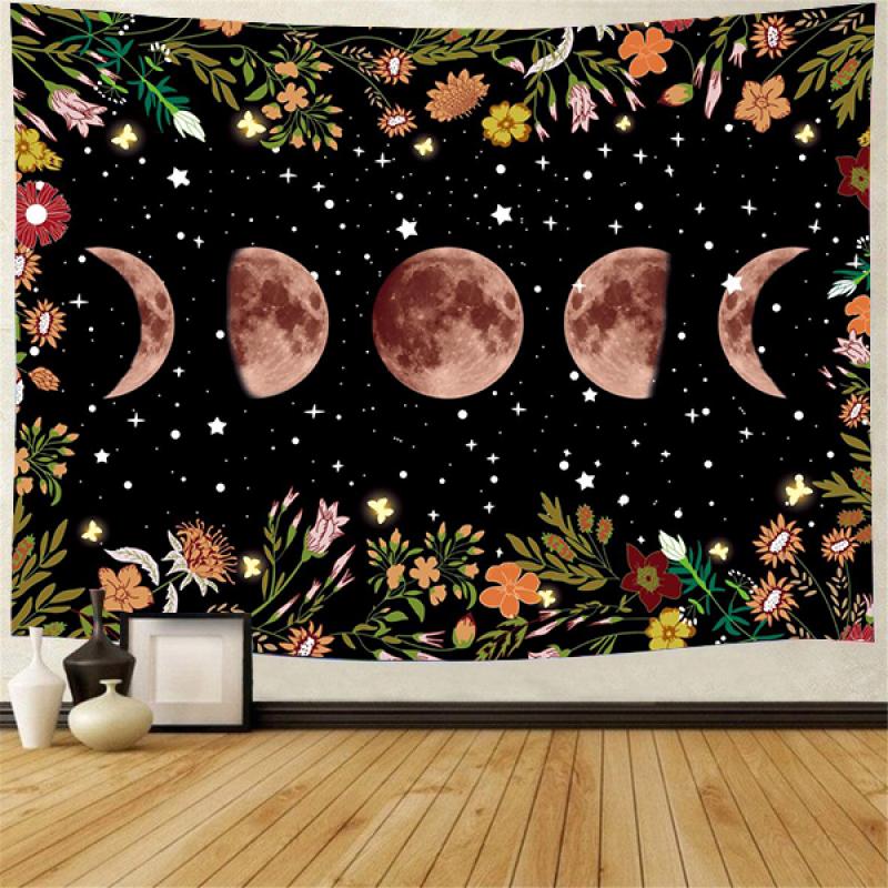 Moonlit Garden Tapestry Moon Phase Surrounded By Plants and Flowers ...
