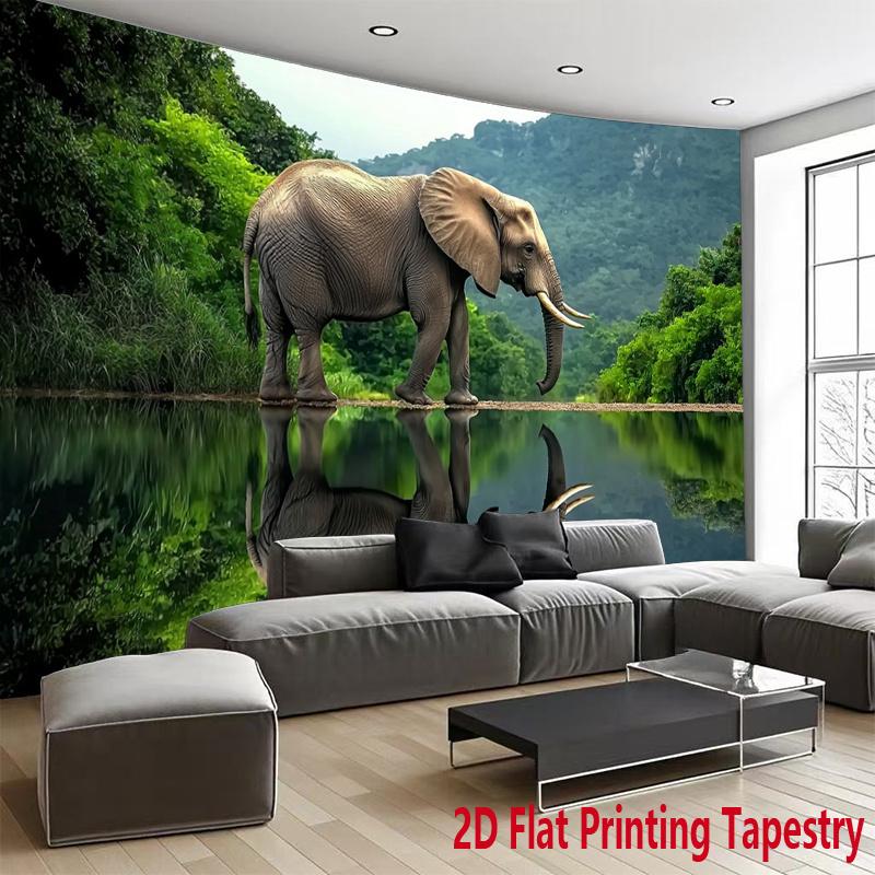 African Elephant Nature Tapestry Wildlife Reflection Lake Wall Hanging Animal Decor Bedroom Print