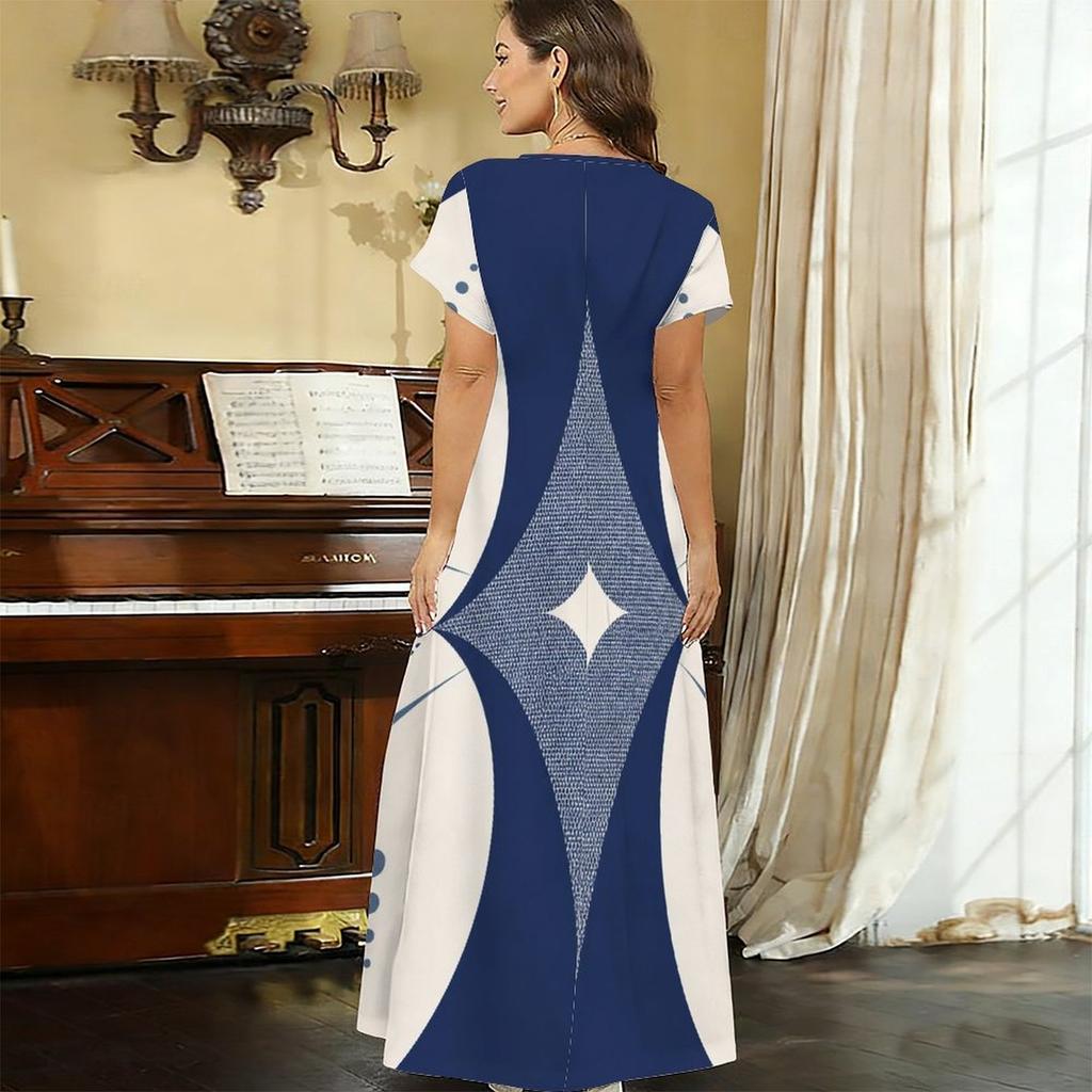 Women Plus Size V Neck Short Sleeve Printed White Straight Maxi Dress