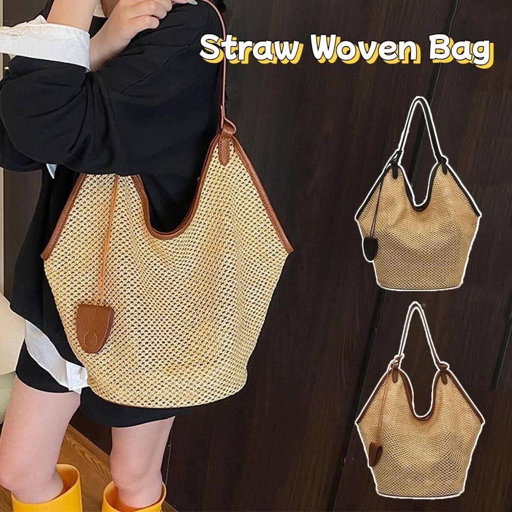 Parent Shoulder Bag Straw Woven Bag Tote Bagwith Sunglasses Clip Hollow Shoulder Bag  Travel