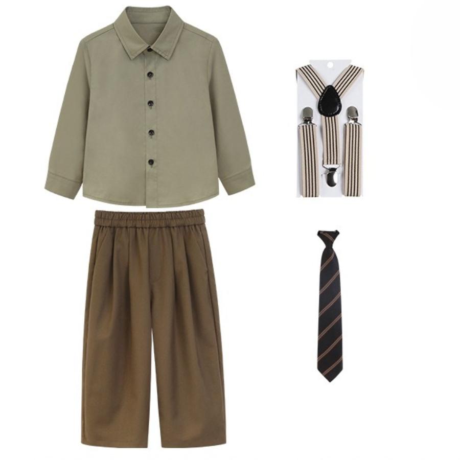 Toddler Boys Suspenders Pants Set Striped Button Down Shirt and Bow Tie Kids Formal Party Outfit Cute Wedding Guest Costume for 1-12Y