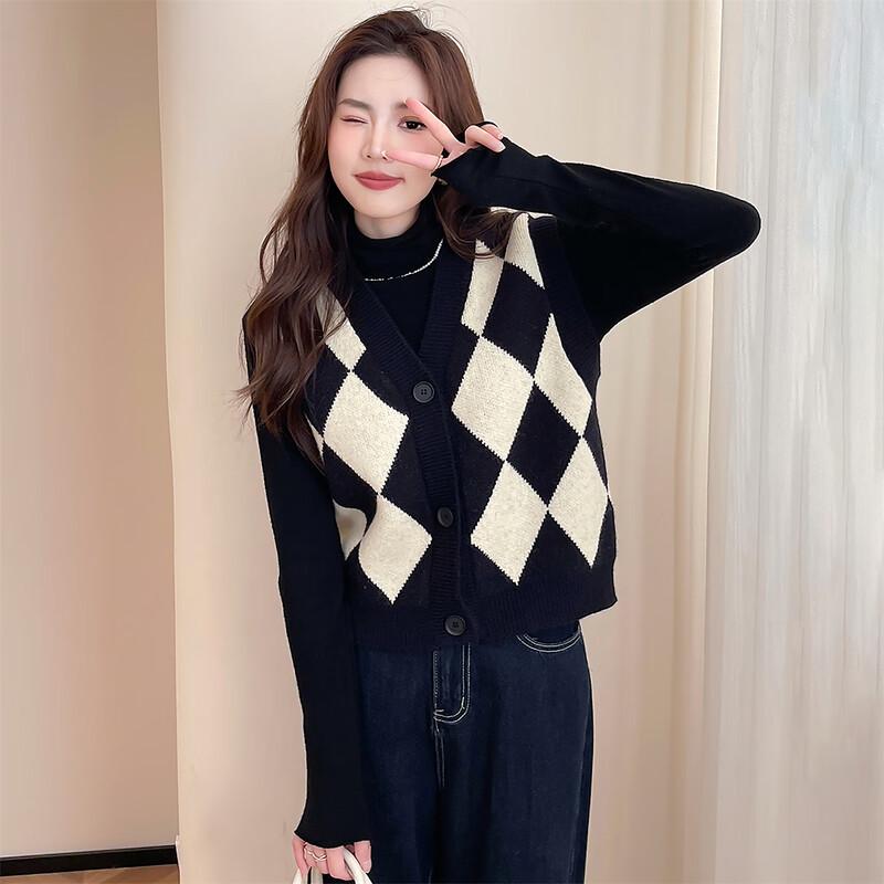 TonLion Women's Retro Plaid V-Neck Cardigan Vest