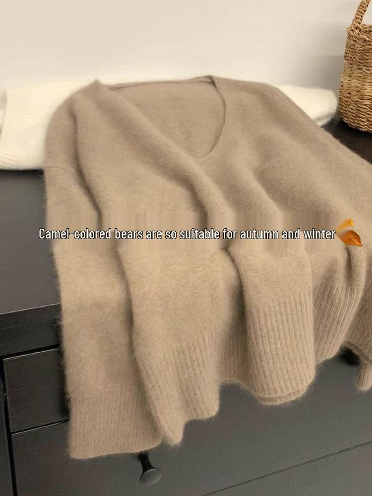 Women's Red Raccoon Fur V-Neck Knit Sweater - Soft, Loose, Cozy Autumn Winter Top