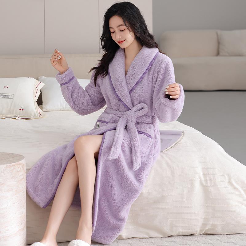 Coral Fleece Nightgown Women'S Winter Fleece Thickened Medium And Long Flannel Pajamas Autumn And Winter Bathrobe Women