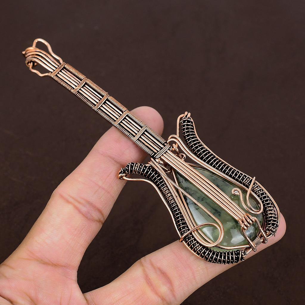 Moss Prehnite Handmade Copper Wire Wrap Guitar Pendant 4.53" V6G57