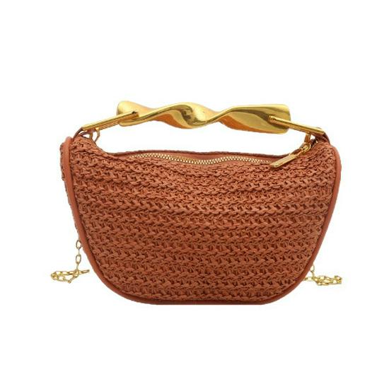 

Cross-Border Straw Braided Dumpling Chain Bag: Single Shoulder, Crossbody, Woven, Metallic Handbag in Little Fragrant Style. 20x10x17 cm коричневий