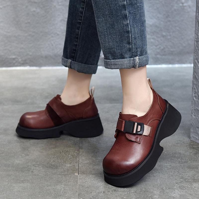 Johnature Dicke Sohlen-Pumps, leicht, echtes Leder, vielseitige Retro-Damen-Plateauschuhe mit runder Zehenpartie