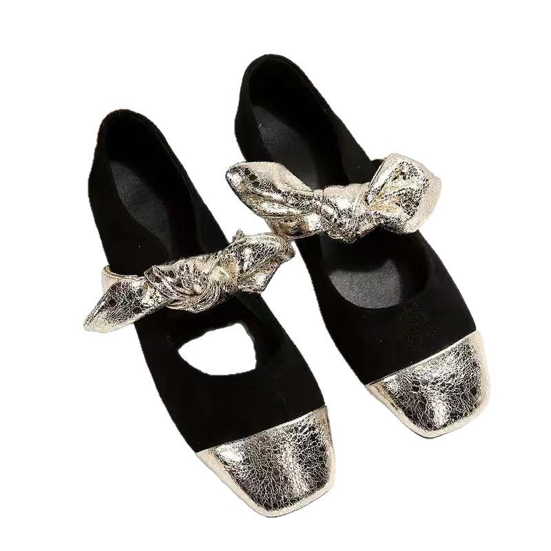 Damen Bow Flats in weiter Weite, Color Blocking Mary Janes Slipper, Tweed-Stil Casual Loafer für Damen