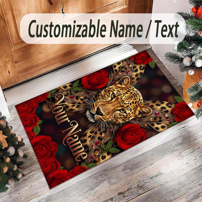Leopard Theme Crystal Velvet Floor Rug Personalized Custom Name Text Warm Carpet Home Decoration