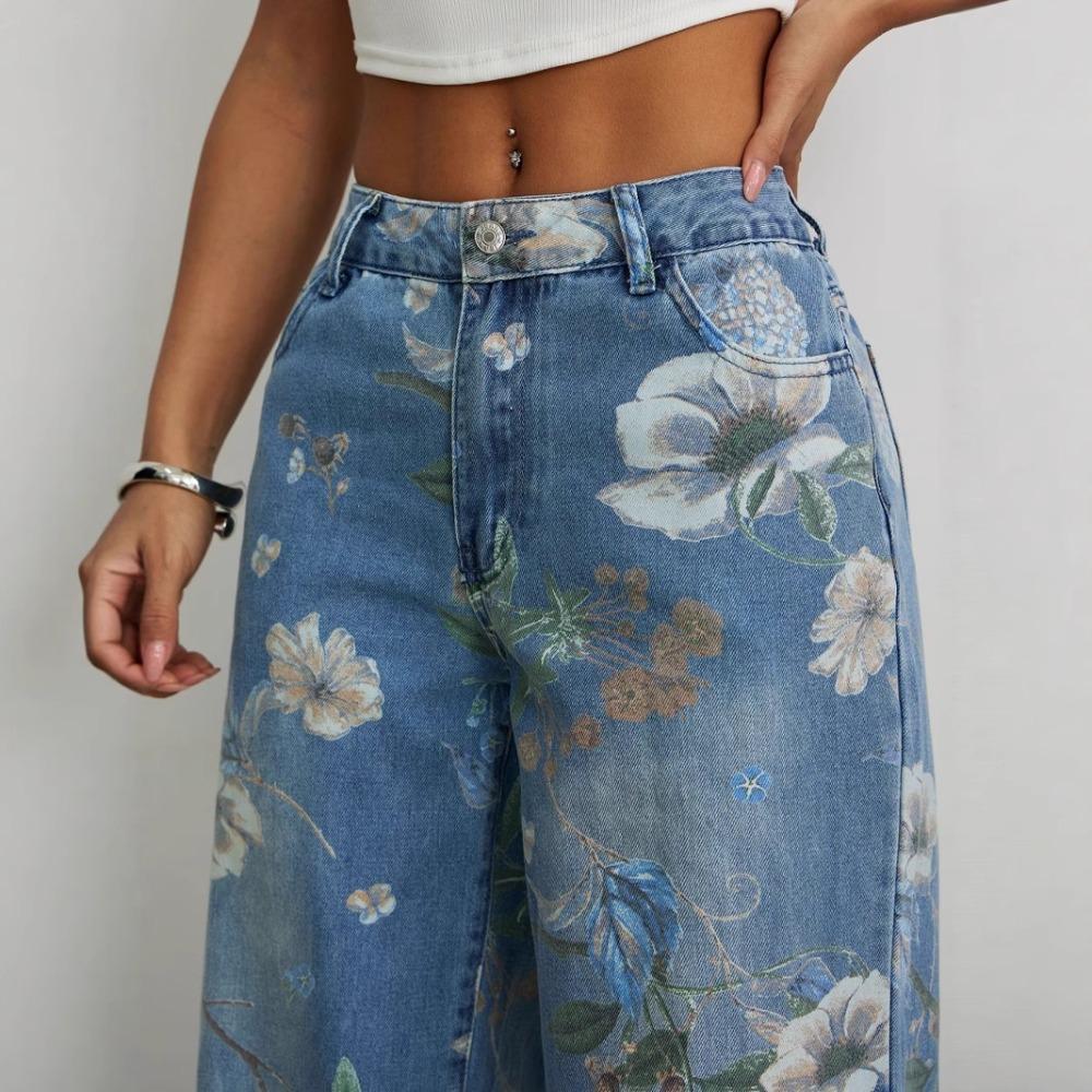 Women's Low Rise Wide Leg Jeans Loose Fit Floral Flower Print Non Stretch Long Denim Trousers