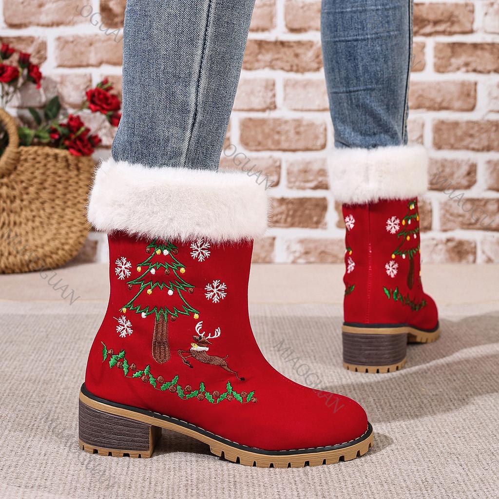 Women's Red Christmas Embroidered Snow Boots Furry Lined Platform Round Toe Chunky Heel Ankle Booties Winter Suede Warm Shoes