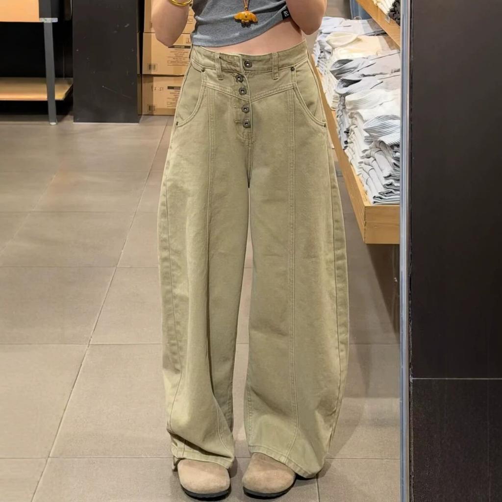 Japanese Single-breasted Wide-leg Jeans Women's Summer Large-size Loose and Thin Vertical Scimitar Floor Pants High Waist Light Khaki Wide Leg Jeans
