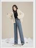 Women's Plush High-Waist Wide-Leg Jeans - Slim, Warm, All-Match Loose Straight Fit for Autumn/Winter