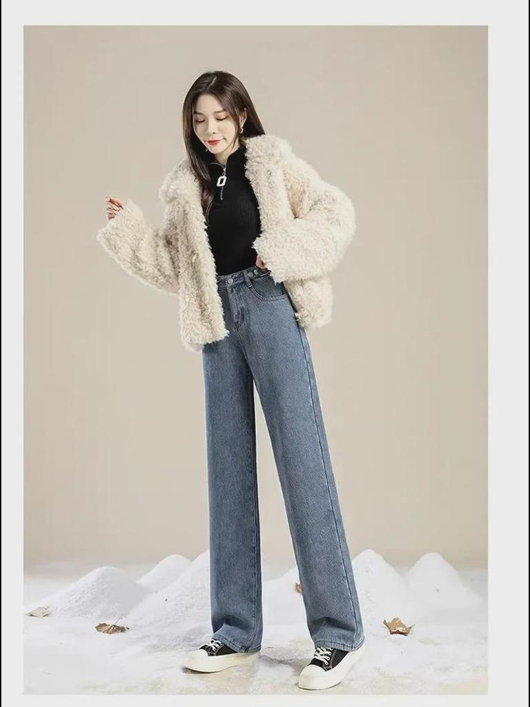 Women's Plush High-Waist Wide-Leg Jeans - Slim, Warm, All-Match Loose Straight Fit for Autumn/Winter