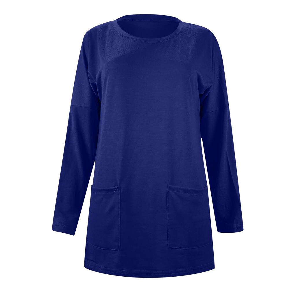 Ladies Casual Fashion Color Loose Round Neck Long Sleeve T-Shirt With Pockets