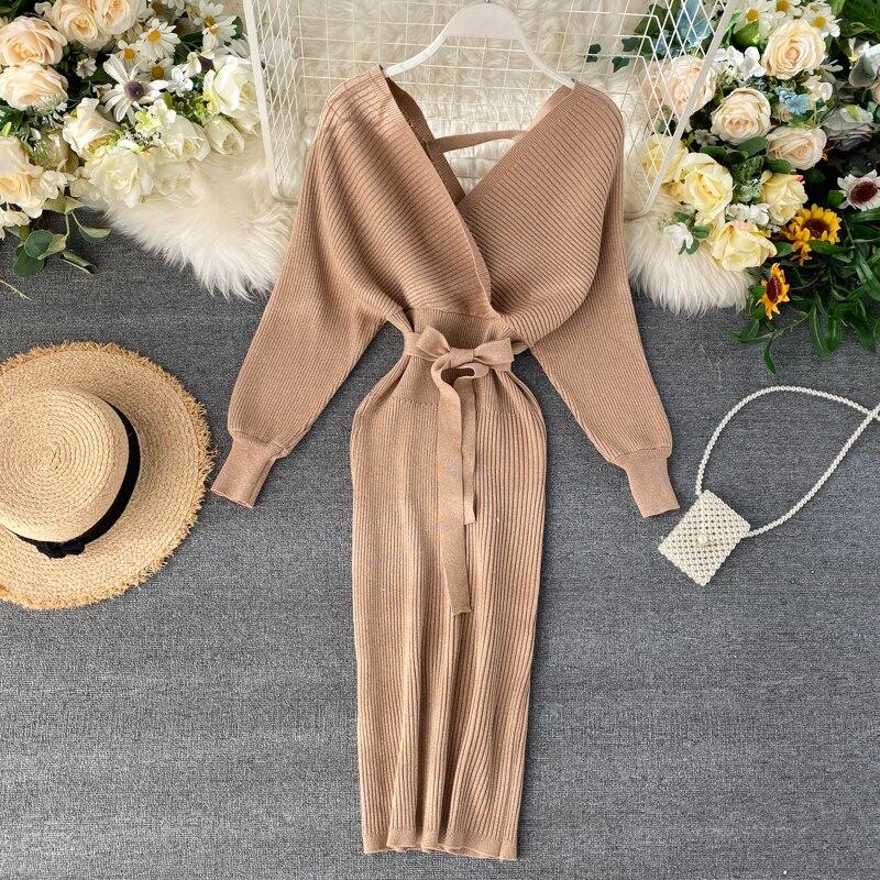 Women Shiny Knitted Dress Sexy V Neck Puff Sleeve Elastic Sheath Knitting Dress Autumn Solid Bow Sashes Pencil Dress