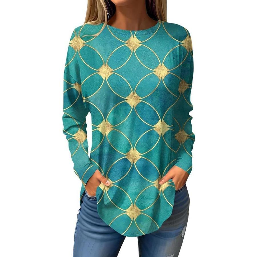 Långärmade 3D-printade T-shirts Blomma Rundhalsad Topp för Damkläder