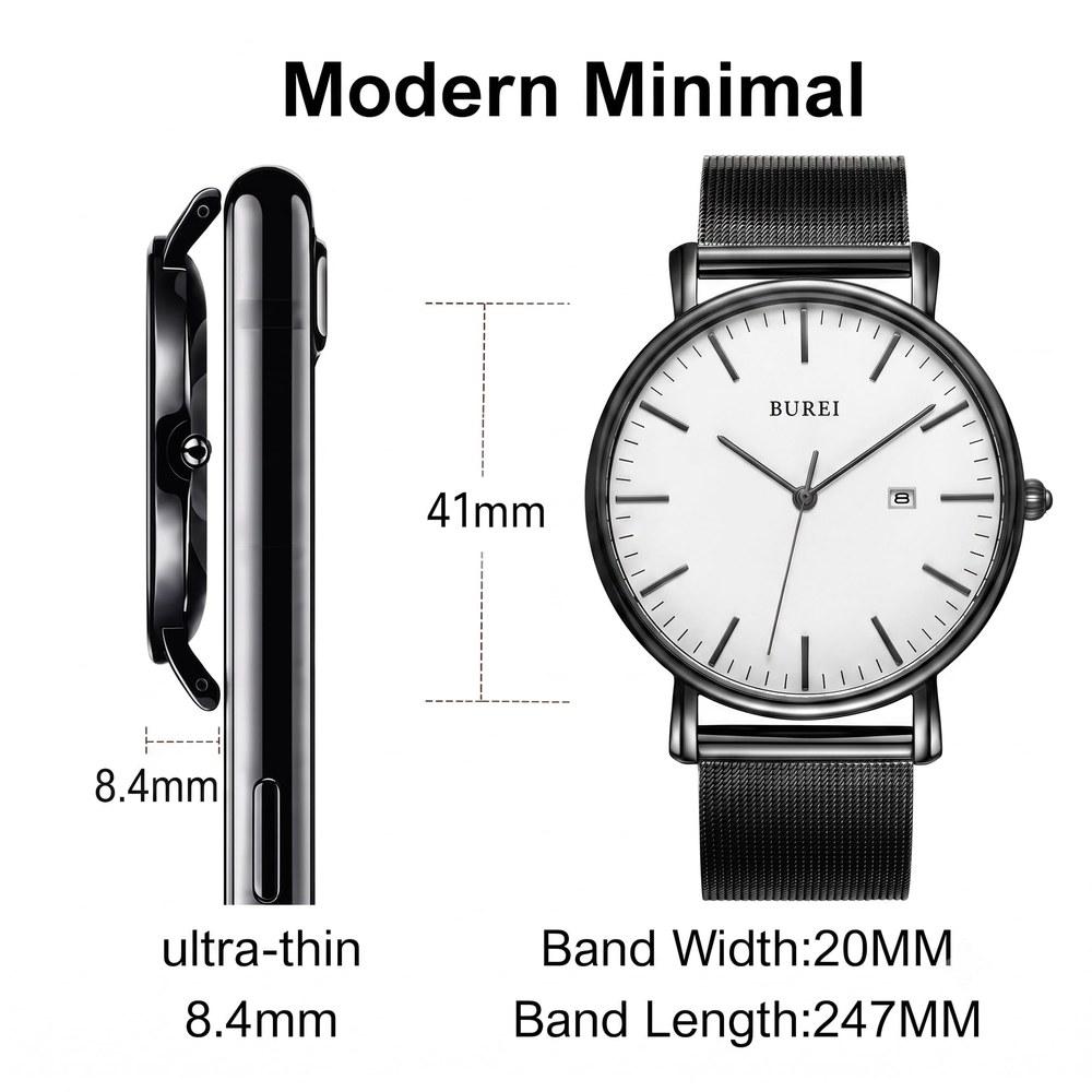 BUREI Men's Stylish Waterproof Analog Quartz Watch Stainless Steel Band