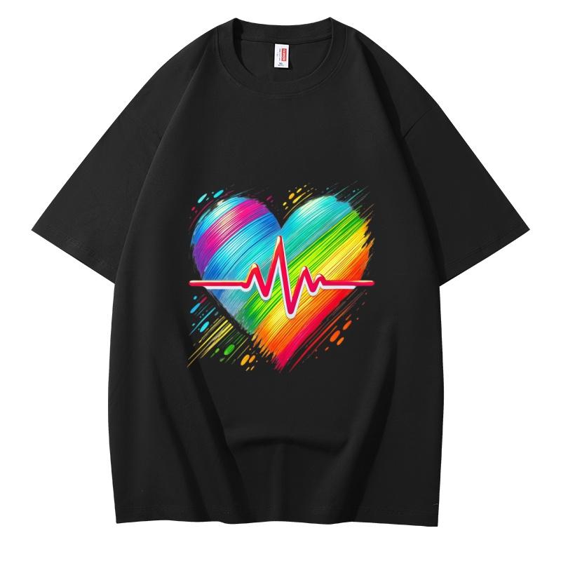Summer casual cotton crew neck Tshirt for Unisex printed with rainbow heartbeat patternbreathable short sleeve crew neck Tshirt S