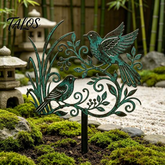 Rustic Copper Bird Statue Metal Garden Stake, Weather Resistant Iron Yard Art Ornament, Figurine Retro Patina Finish Sign for Outdoor Lawn Decor