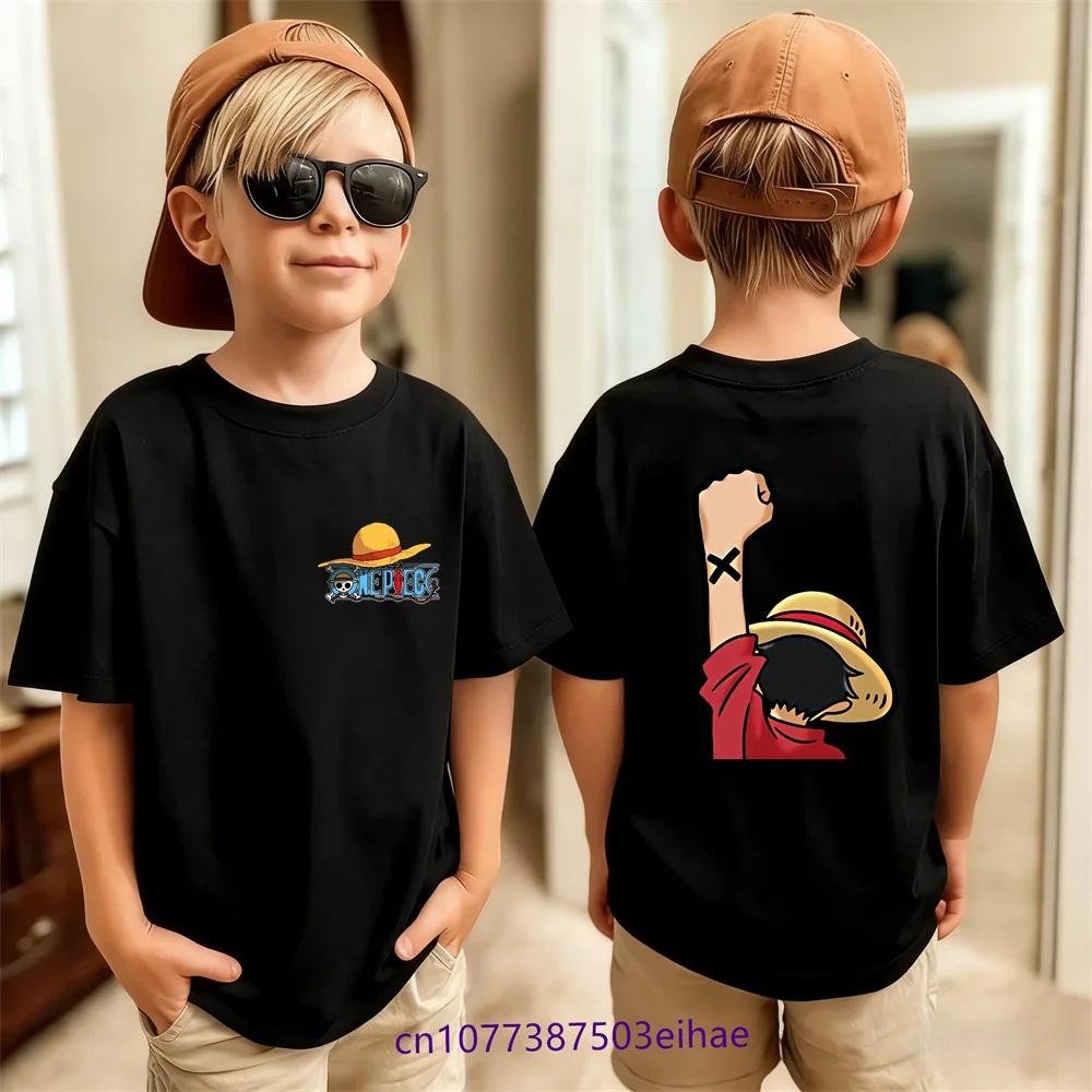 One Piece Luffy Kids Wear 2026 Boys Summer Short Sleeve TShirt Casual Breathable Soft Cotton Fashion Cartoon Childrens Top 100