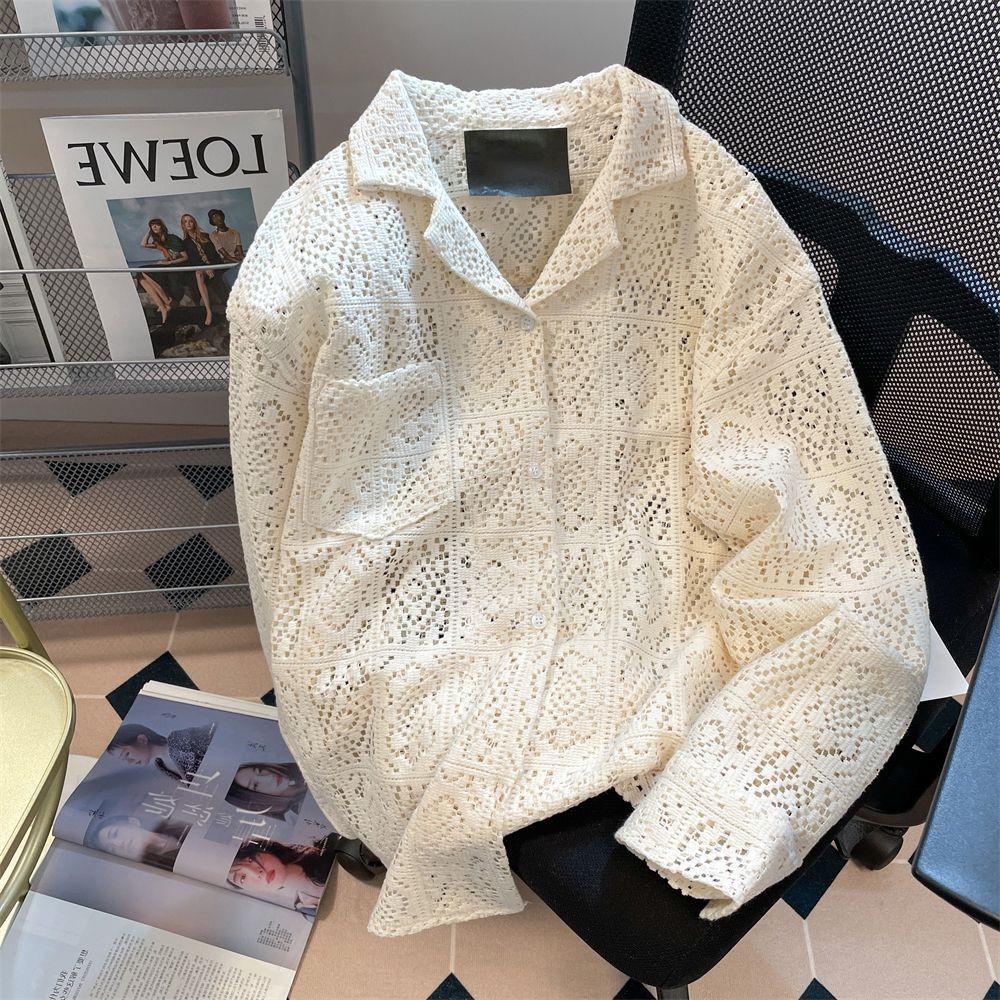 Niche hollow sunscreen long-sleeved shirt men s summer loose high-end top casual versatile jacket Trendy Crochet Lace Cuban Collar Shirt S абрикосовый