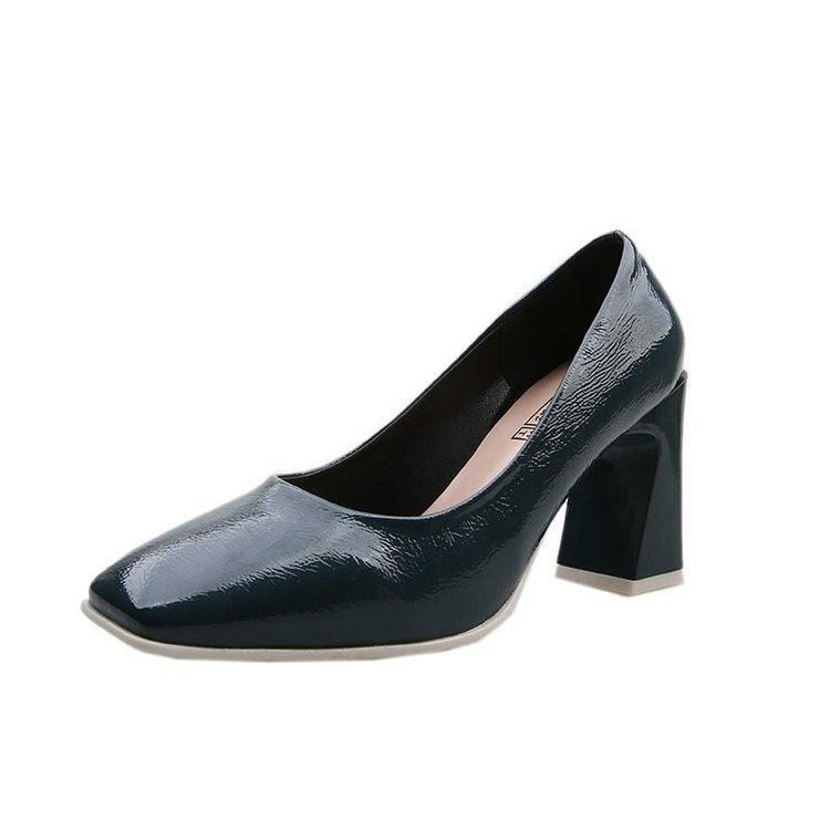 Summer square head single shoes female celebrity patent leather high heels thick heel pedicure shallow mouth foot cover professional shoes