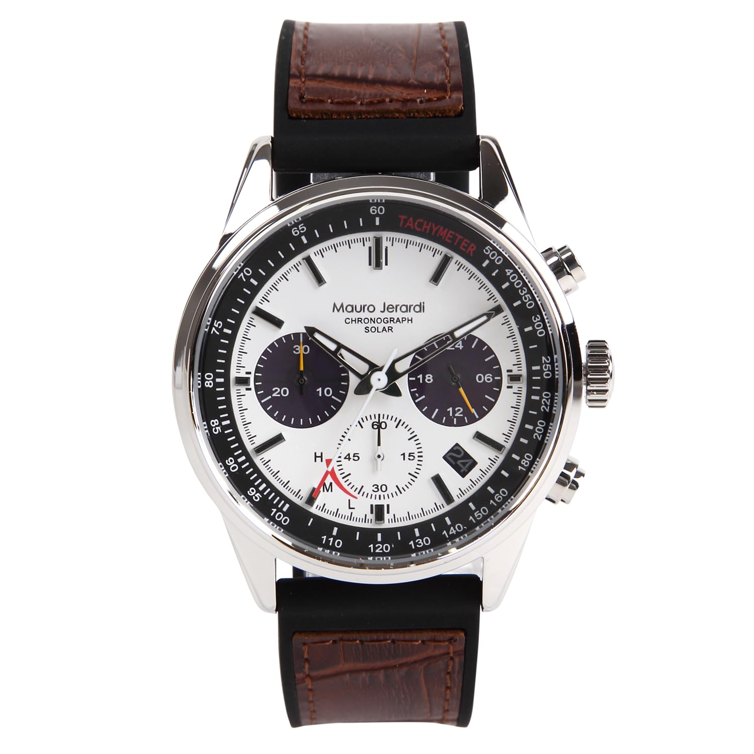Solar Chronograph Watch 10 ATM Water Resistant Silicone Brown Leather Strap [Mauro Gerardi] MJ063-2 Men s &