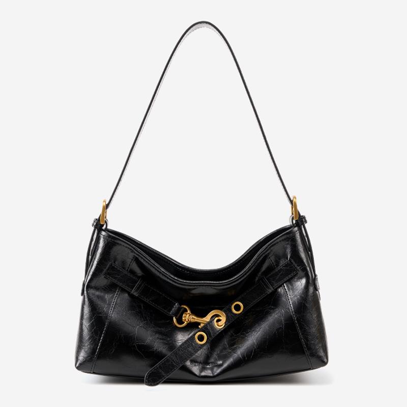 Cowhide Tote Bag Large Capacity Women's Leather Underarm Bag High Sense Commuter Shoulder Bag Retro Black Messenger Bag Bag