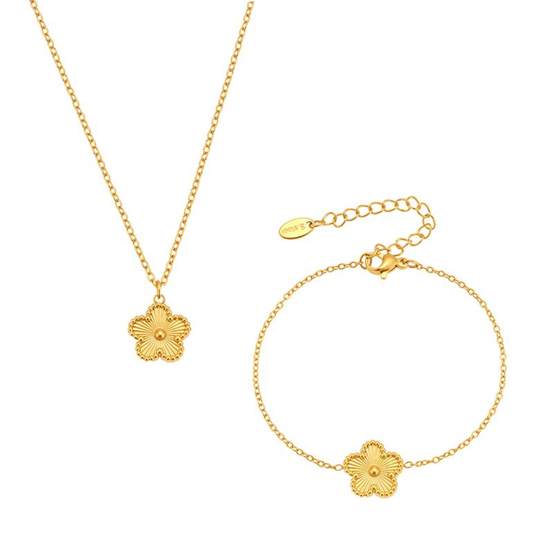 Delikatny Naszyjnik z Wisiorkiem w Kształcie Kwiatka Pasująca Bransoletka ze Stali Nierdzewnej Pozłacana 18k Łańcuszek z Ogniw Naszyjniki Bransoletki Zestaw Dla Kobiet
