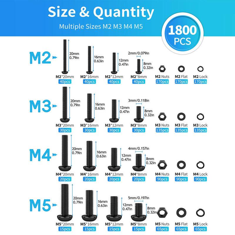 1800PCS Metric Screw & Bolt Kit: M2 M3 M4 M5 Hex Socket Button Head Screws, Lock & Flat Washers, Nuts, 10.9 Alloy Steel, Black