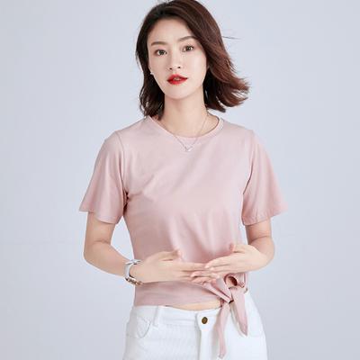 Temperament Short Lace-up Top Korean Style New Women's Summer Fashion Round Neck Loose Solid Color Short-sleeved T-shirt