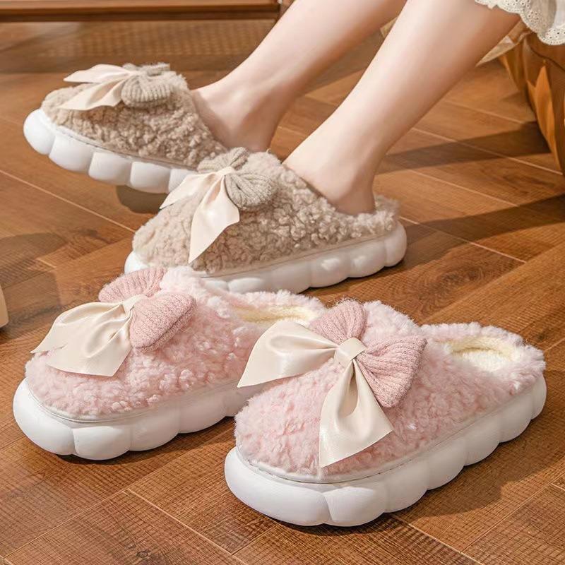Cotton slippers women's autumn and winter home home home non-slip and warm new cute plush bow bag and cotton drag girl