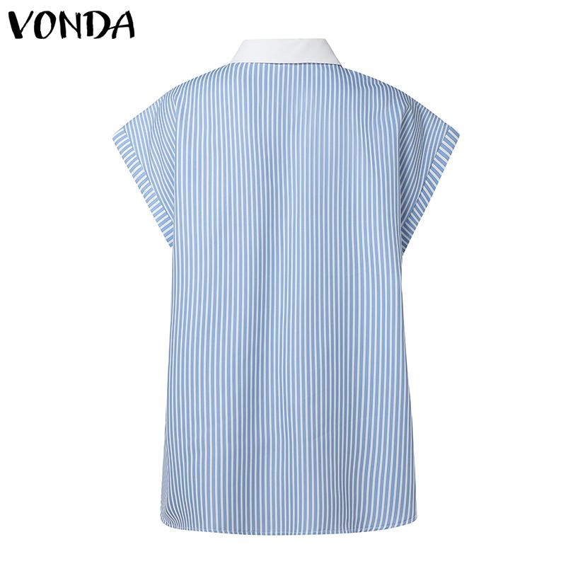 VONDA Women Stitching Lapel Short Sleeve Striped Buttons Up Casual Blouse