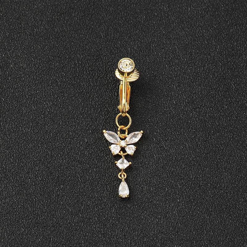 1pc Clip On Butterfly Belly Button Ring for Women, Copper Zircon Fake Belly Piercing Navel Body Jewelry Trendy Fashion Style