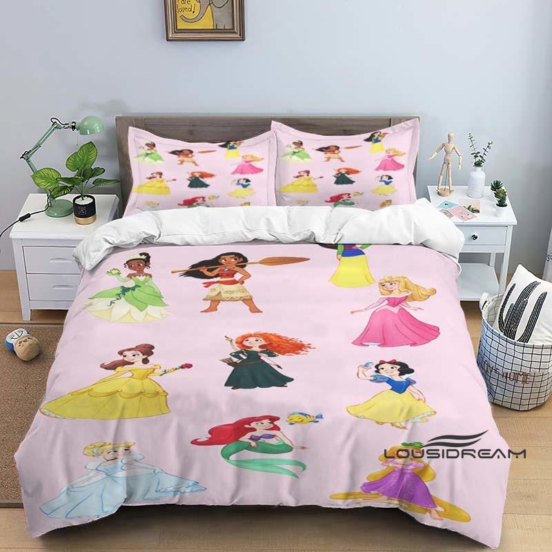 1pcDisney Princess 3D Printed Duvet Cover and Pillowcase Bedding Set, Suitable for Single, Double, King, and Queen Beds.
