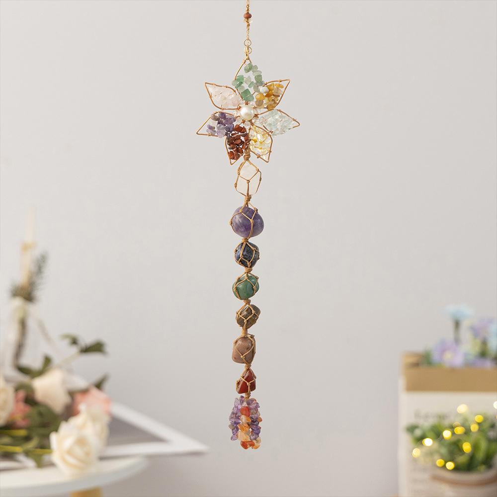 Colorful Natural Stone Seven-Color Crystal Hanging Decor Hand-Woven Lotus Dream Catcher Ornament A
