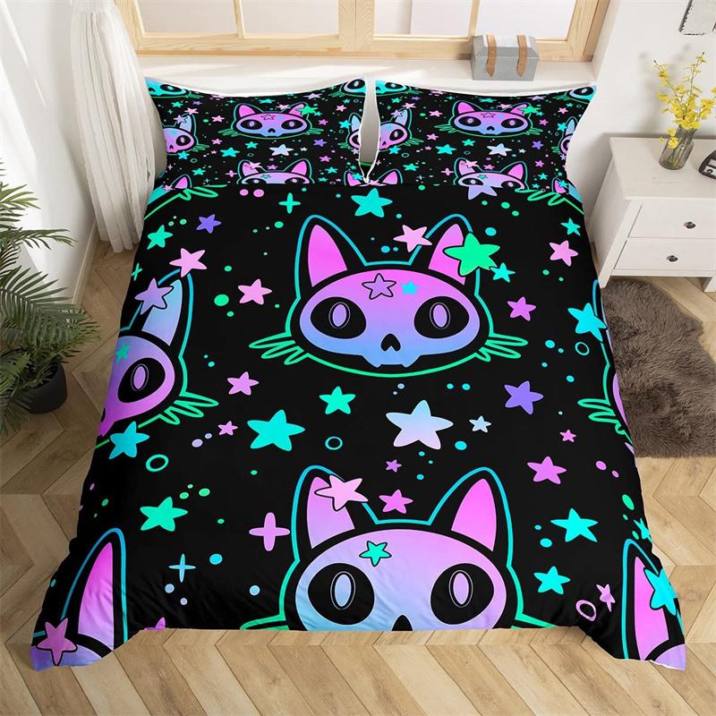 Cute Halloween Cat Duvet Cover Mystery Castle Bedding Set For Kids Teen Microfiber Misty Forest Bat Quilt Cover Queen Bedclothes